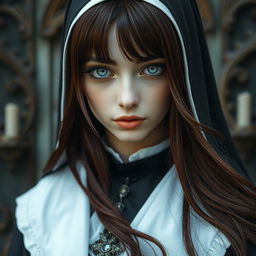 Fantasy-inspired full body shot of a nun with mesmerizing silver eyes enhanced by black rings around the irises