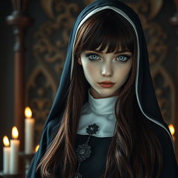 Fantasy-inspired full body shot of a nun with mesmerizing silver eyes enhanced by black rings around the irises