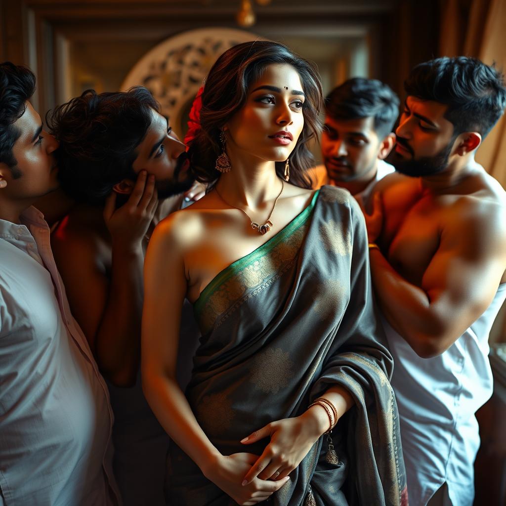 A seductive and alluring scene featuring a captivating Indian woman in a beautifully draped saree, gracefully showcasing her natural elegance and sensuality