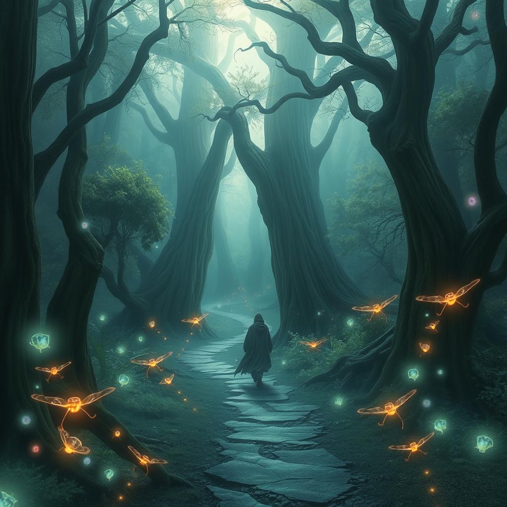 A beautiful and surreal depiction of a journey through a mystical forest