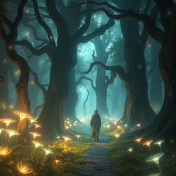 A beautiful and surreal depiction of a journey through a mystical forest