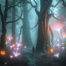 A beautiful and surreal depiction of a journey through a mystical forest