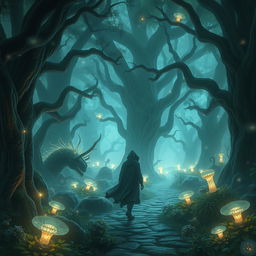 A beautiful and surreal depiction of a journey through a mystical forest