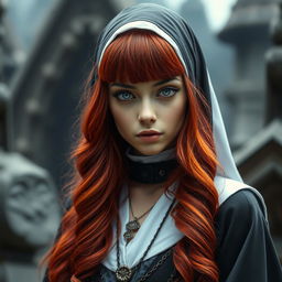 A captivating fantasy-themed full body shot of a nun with striking features