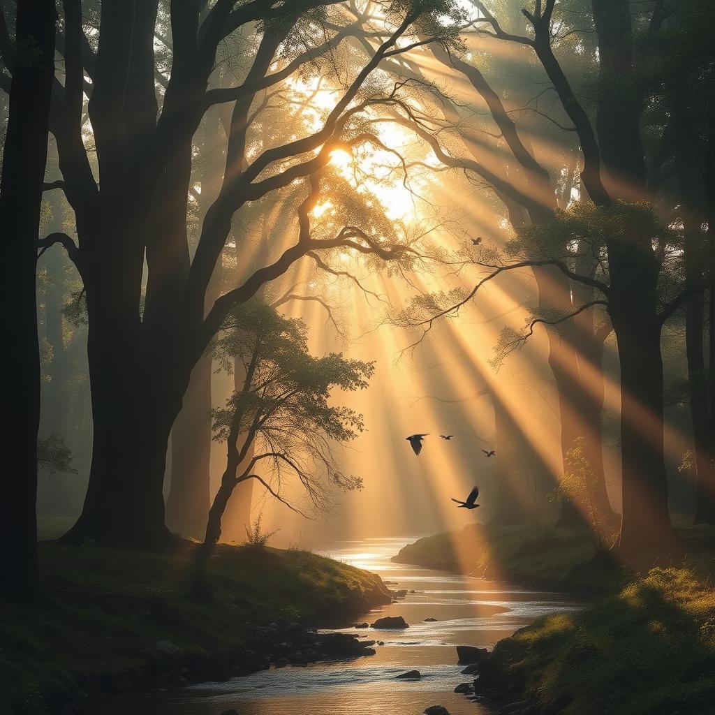 A tranquil forest scene with towering ancient trees enveloped in morning mist, sunlight filtering through the branches casting dappled shadows on the forest floor