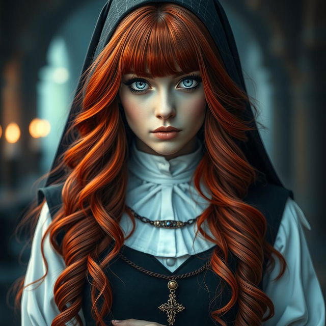 A captivating fantasy-themed full body shot of a nun with striking features