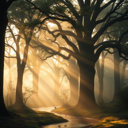 A tranquil forest scene with towering ancient trees enveloped in morning mist, sunlight filtering through the branches casting dappled shadows on the forest floor