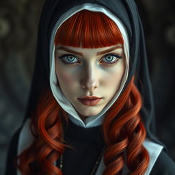 A captivating fantasy-themed full body shot of a nun with striking features