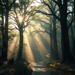 A tranquil forest scene with towering ancient trees enveloped in morning mist, sunlight filtering through the branches casting dappled shadows on the forest floor