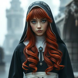 A captivating fantasy-themed full body shot of a nun with striking features