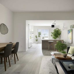 A spacious, well-lit living room with two doors leading to separate rooms, adjacent to an open-concept, modern kitchen.