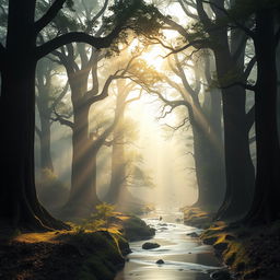 A tranquil forest scene with towering ancient trees enveloped in morning mist, sunlight filtering through the branches casting dappled shadows on the forest floor