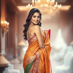 A beautiful woman in a sensuous saree, draped elegantly, with intricate embroidery and vibrant colors