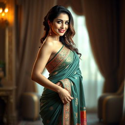 A beautiful woman in a sensuous saree, draped elegantly, with intricate embroidery and vibrant colors