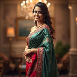 A beautiful woman in a sensuous saree, draped elegantly, with intricate embroidery and vibrant colors