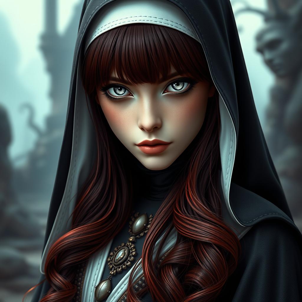 A captivating fantasy-themed full body shot of a nun with striking features