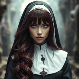 A captivating fantasy-themed full body shot of a nun with striking features