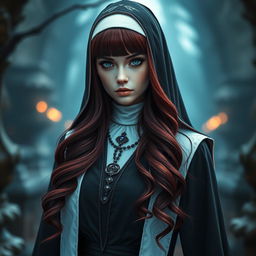 A captivating fantasy-themed full body shot of a nun with striking features