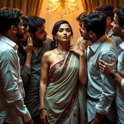 A seductive scene featuring an alluring Indian woman in a beautifully draped saree, showcasing her natural elegance and sensuality with a hint of cleavage