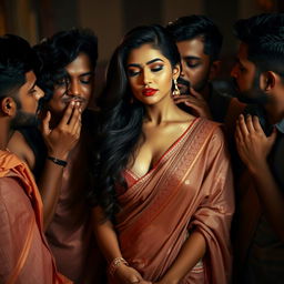 A seductive scene featuring an alluring Indian woman in a beautifully draped saree, showcasing her natural elegance and sensuality with a hint of cleavage