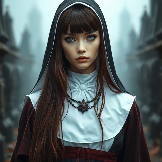 A captivating fantasy-themed full body shot of a nun with striking features