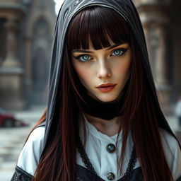 A captivating fantasy-themed full body shot of a nun with striking features