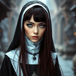 A captivating fantasy-themed full body shot of a nun with striking features