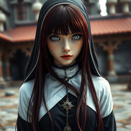 A captivating fantasy-themed full body shot of a nun with striking features