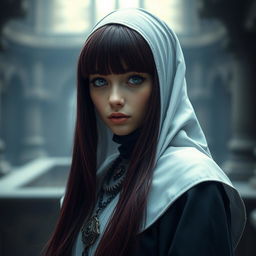 A captivating fantasy-themed full body shot of a nun with striking features