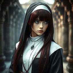 A captivating fantasy-themed full body shot of a nun with striking features