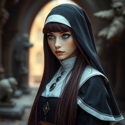 A captivating fantasy-themed full body shot of a nun with striking features