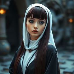 A captivating fantasy-themed full body shot of a nun with striking features