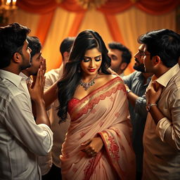 A seductive and romantic scene featuring an alluring Indian woman in a beautifully draped saree, showcasing her grace and allure with a hint of cleavage