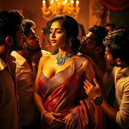 A seductive and romantic scene featuring an alluring Indian woman in a beautifully draped saree, showcasing her grace and allure with a hint of cleavage