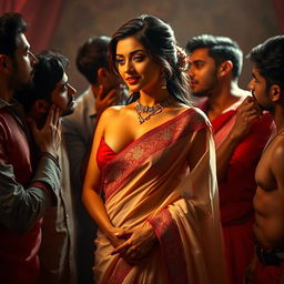 A seductive and romantic scene featuring an alluring Indian woman in a beautifully draped saree, showcasing her grace and allure with a hint of cleavage