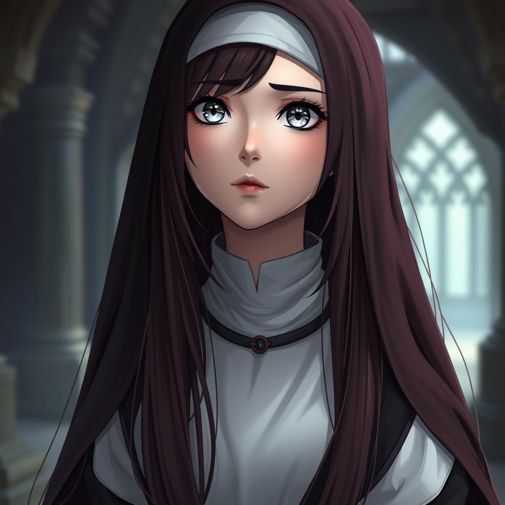 A captivating fantasy-themed full body shot of a nun with striking features in a slight anime style