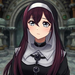 A captivating fantasy-themed full body shot of a nun with striking features in a slight anime style