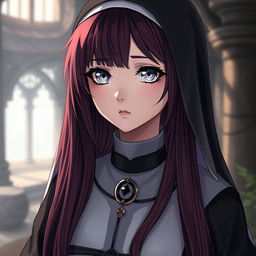 A captivating fantasy-themed full body shot of a nun with striking features in a slight anime style