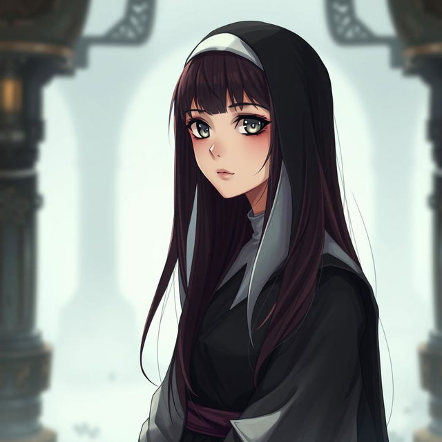 A captivating fantasy-themed full body shot of a nun with striking features in a slight anime style