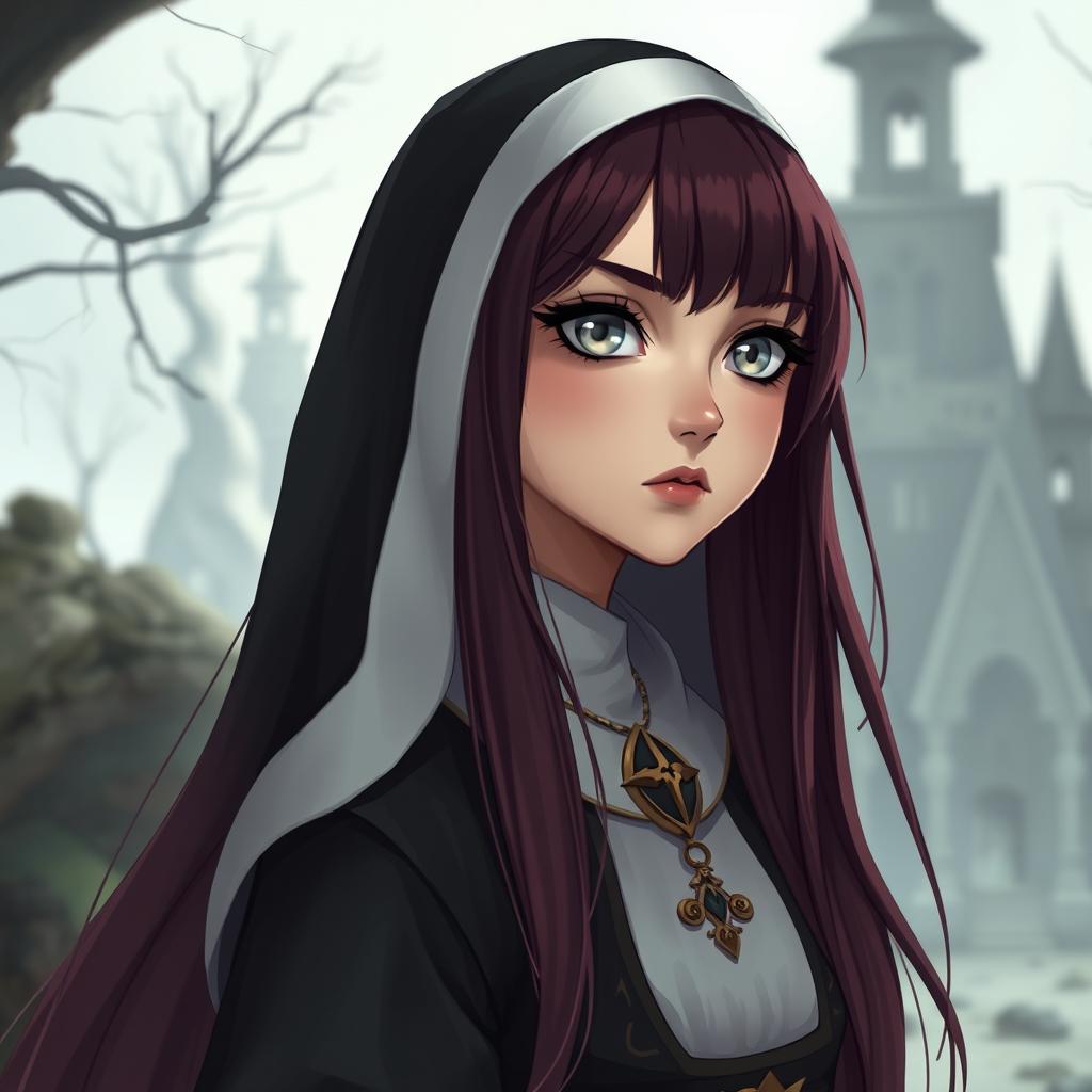 A captivating fantasy-themed full body shot of a nun with striking features in a slight webtoon style