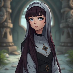 A captivating fantasy-themed full body shot of a nun with striking features in a slight webtoon style