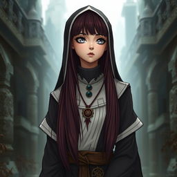 A captivating fantasy-themed full body shot of a nun with striking features in a slight webtoon style