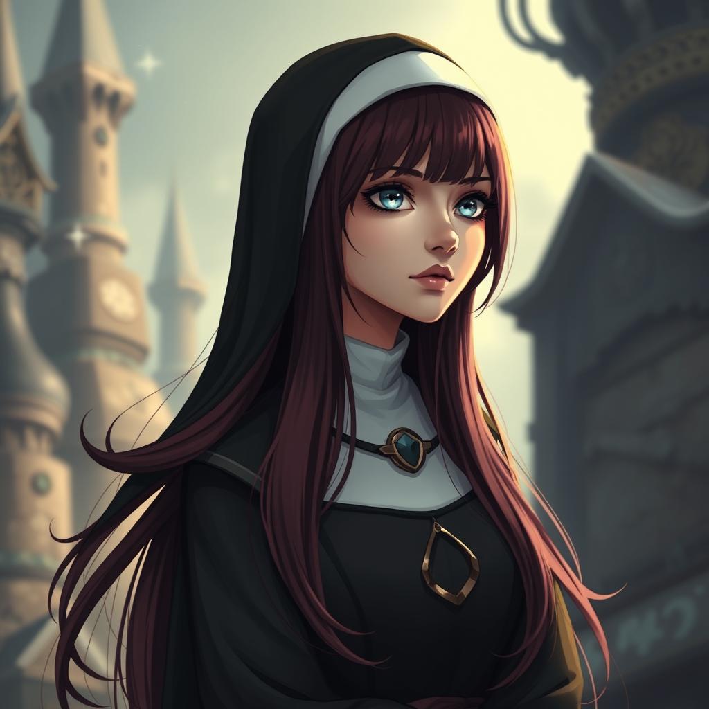 A captivating fantasy-themed full body shot of a nun with striking features in a slight webtoon style