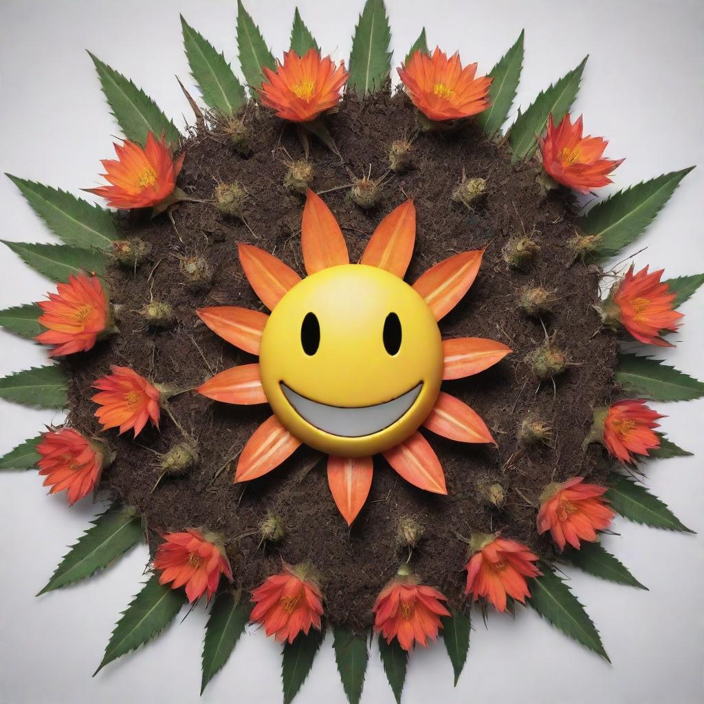 Create an image of a vibrant flower with a smiling face at its center, surrounded by thorns. Underneath, illustrate dark roots. The picture should evoke a complex feeling of joy coexisting with pain and struggle, a metaphor for life's conditions.