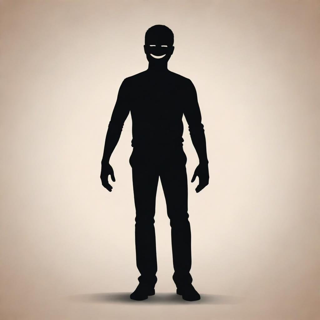 Illustration of an individual with a complex, conflicted emotional expression, their body casting a shadow that visibly smiles, representing the contrast between outward appearances and true emotional state.