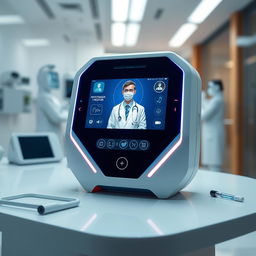 A futuristic and sleek telemedicine device, seamlessly blending technology and healthcare