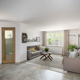 A spacious, well-lit living room with two doors leading to separate rooms, adjacent to an open-concept, modern kitchen.