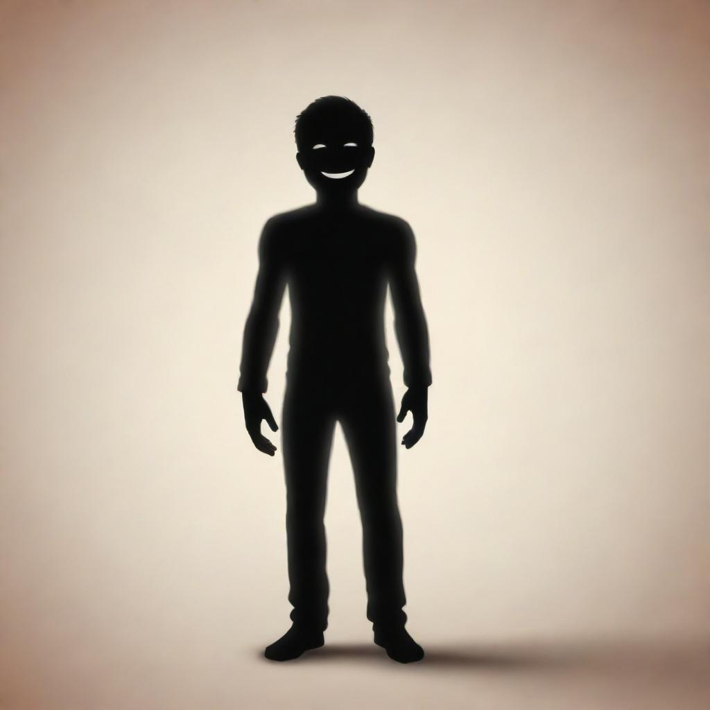 Illustration of an individual with a complex, conflicted emotional expression, their body casting a shadow that visibly smiles, representing the contrast between outward appearances and true emotional state.