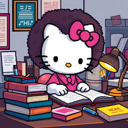 Pixel art of Hello Kitty with an afro hairstyle, deeply engrossed in studying