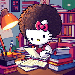 Pixel art of Hello Kitty with an afro hairstyle, deeply engrossed in studying